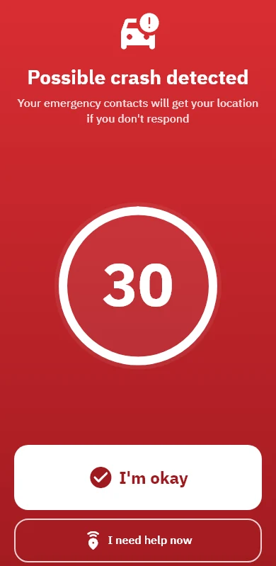A possible crash detected, with a 30-second countdown