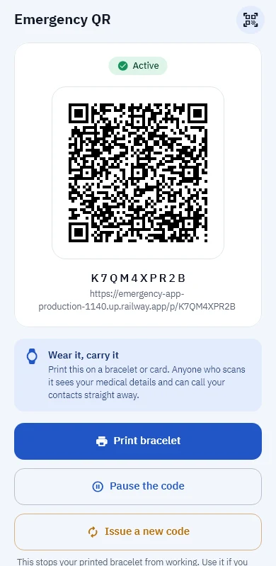 The emergency QR screen and who scanned it